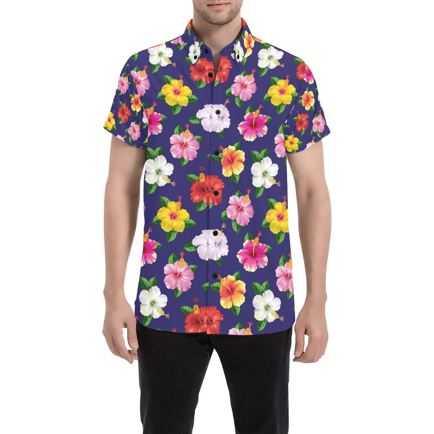 Hibiscus Colorful Print Design LKS301 Men Short Sleeve Button Up Shirt
