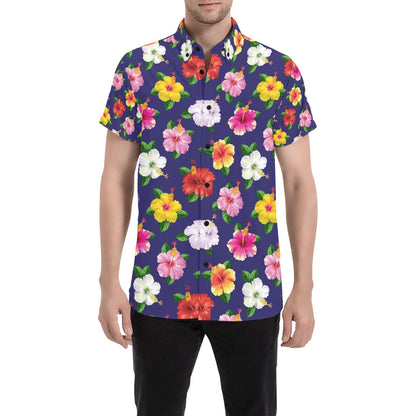 Hibiscus Colorful Print Design LKS301 Men Short Sleeve Button Up Shirt