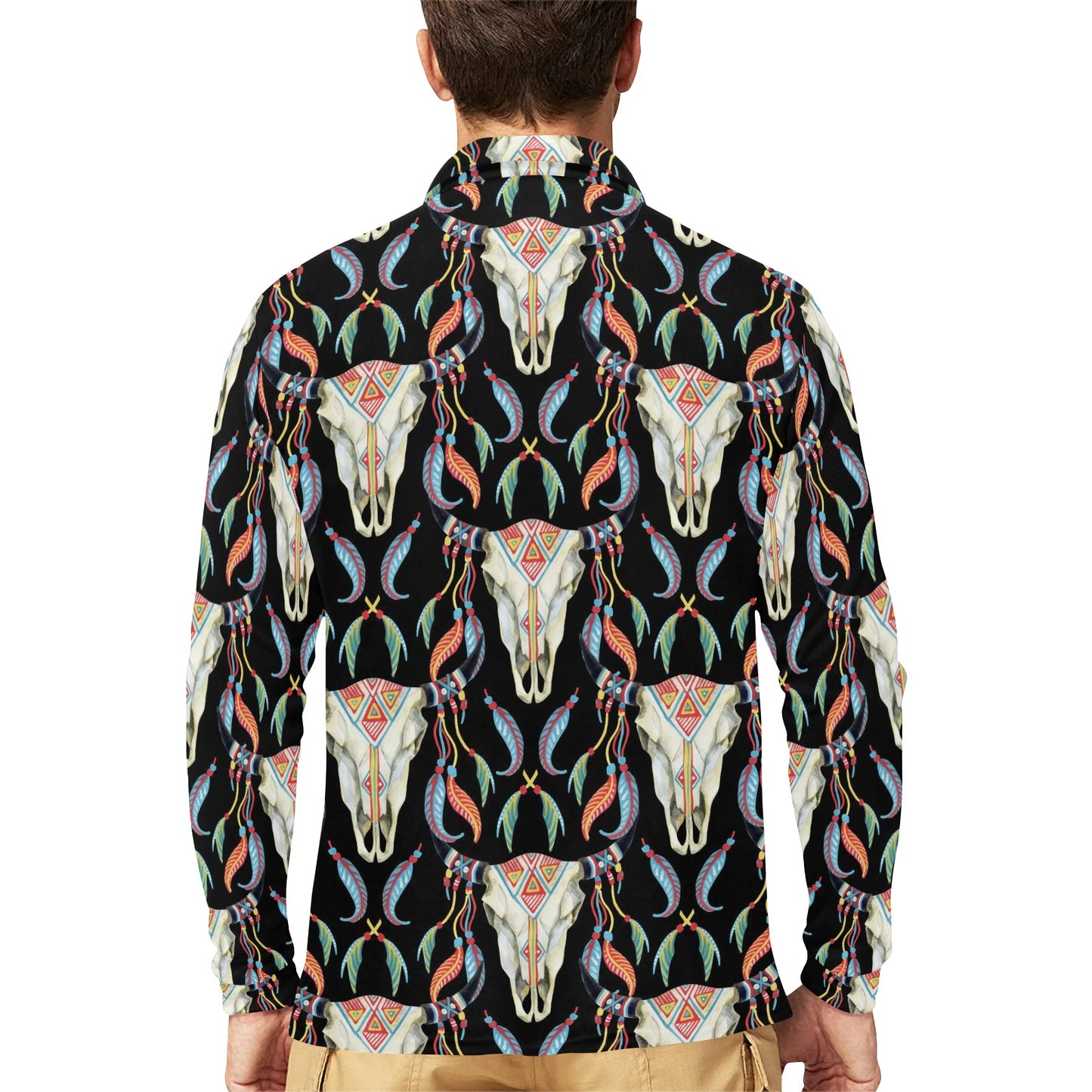 Buffalo Head Boho Style Pattern Print Design 01 Long Sleeve Polo Shirt For Men's