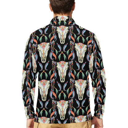 Buffalo Head Boho Style Pattern Print Design 01 Long Sleeve Polo Shirt For Men's