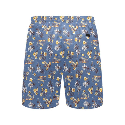 Hawaiian Flower Blue Print Men's Swim Trunks Beach Shorts