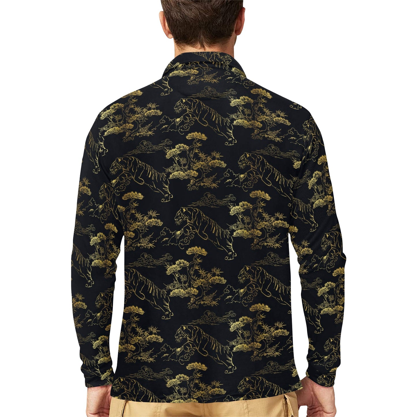 Tiger Japan Style Print Design LKS305 Long Sleeve Polo Shirt For Men's