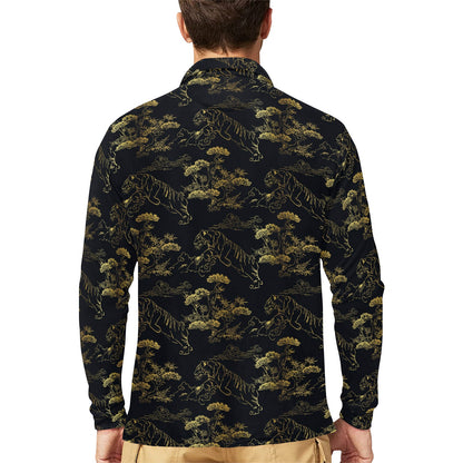 Tiger Japan Style Print Design LKS305 Long Sleeve Polo Shirt For Men's