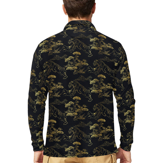 Tiger Japan Style Print Design LKS305 Long Sleeve Polo Shirt For Men's