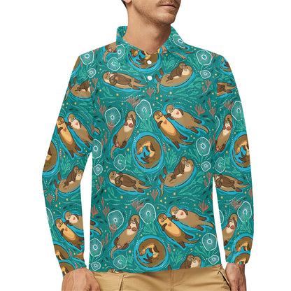Sea Otter Pattern Print Design 01 Long Sleeve Polo Shirt For Men's