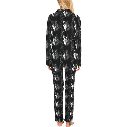 Wolf Black Dream Catcher Design Print Women's Long Pajama Set