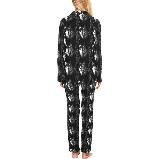 Wolf Black Dream Catcher Design Print Women's Long Pajama Set