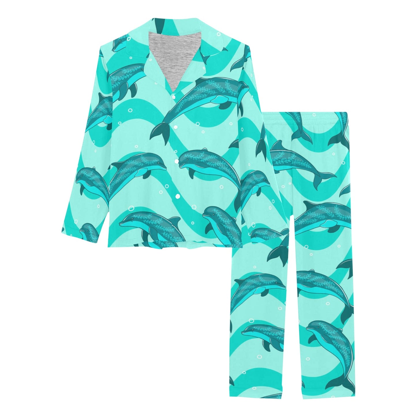 Dolphin Wave Print Women's Long Pajama Set