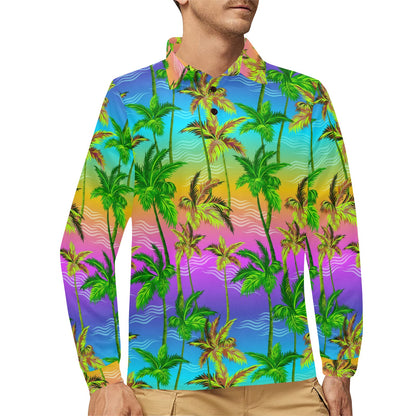 Palm Tree Rainbow Pattern Long Sleeve Polo Shirt For Men's