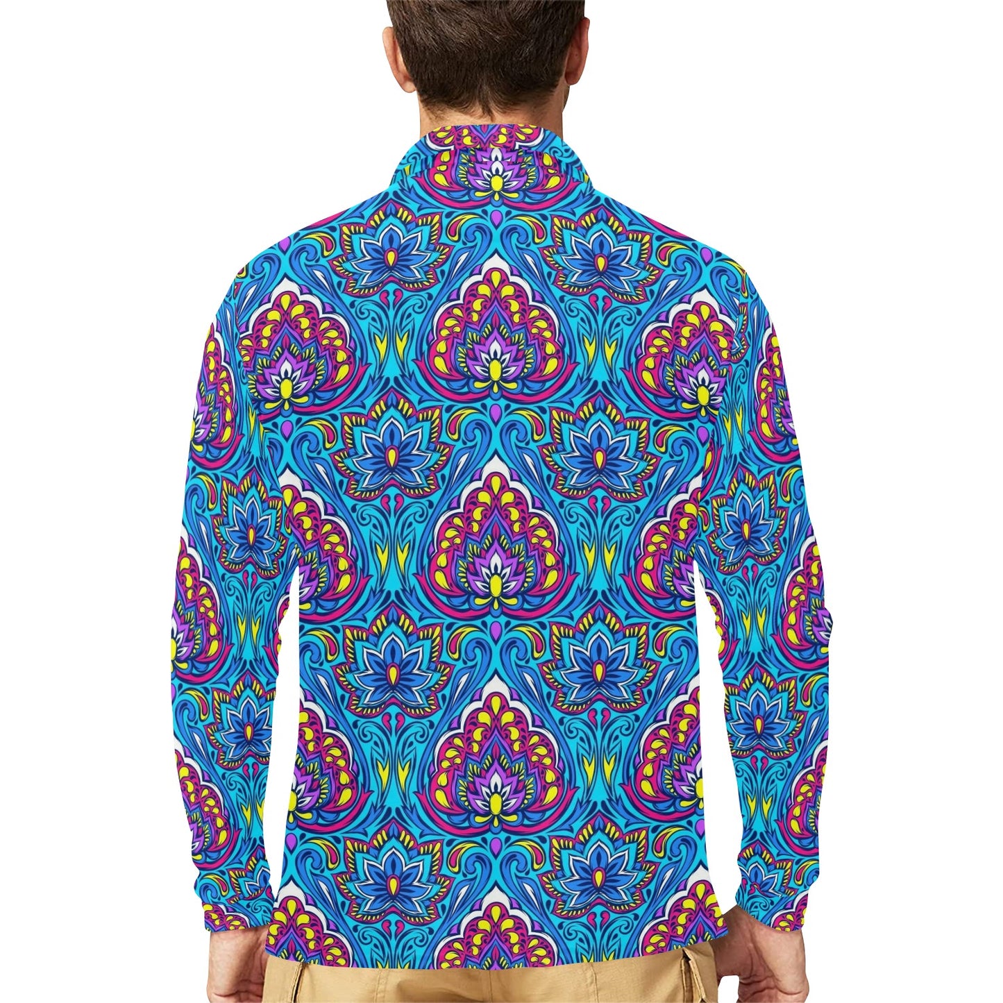 lotus Boho Pattern Print Design LO010 Long Sleeve Polo Shirt For Men's