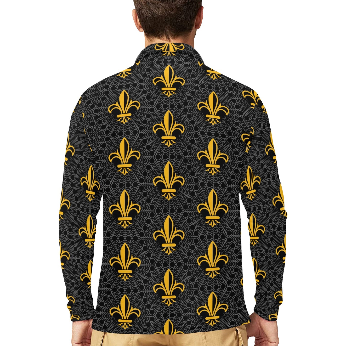 Fleur De Lis Gold Pattern Print Design 01 Long Sleeve Polo Shirt For Men's
