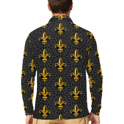 Fleur De Lis Gold Pattern Print Design 01 Long Sleeve Polo Shirt For Men's