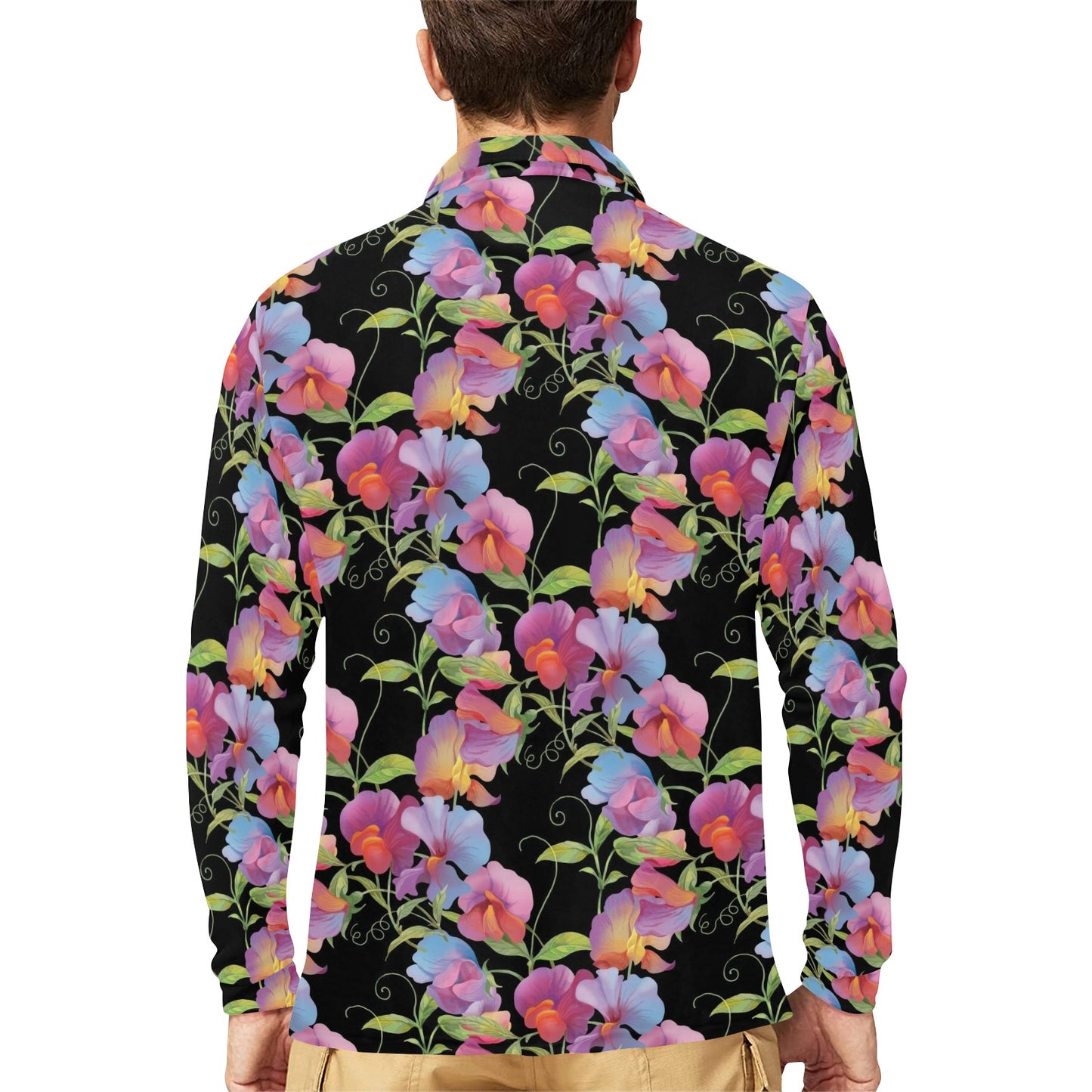 Peony Pattern Print Design PE012 Long Sleeve Polo Shirt For Men's