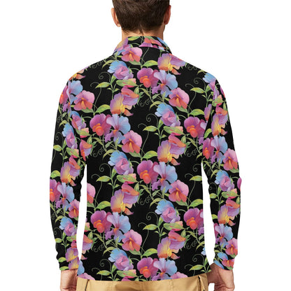 Peony Pattern Print Design PE012 Long Sleeve Polo Shirt For Men's