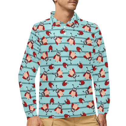 Ladybug Happy Print Pattern Long Sleeve Polo Shirt For Men's