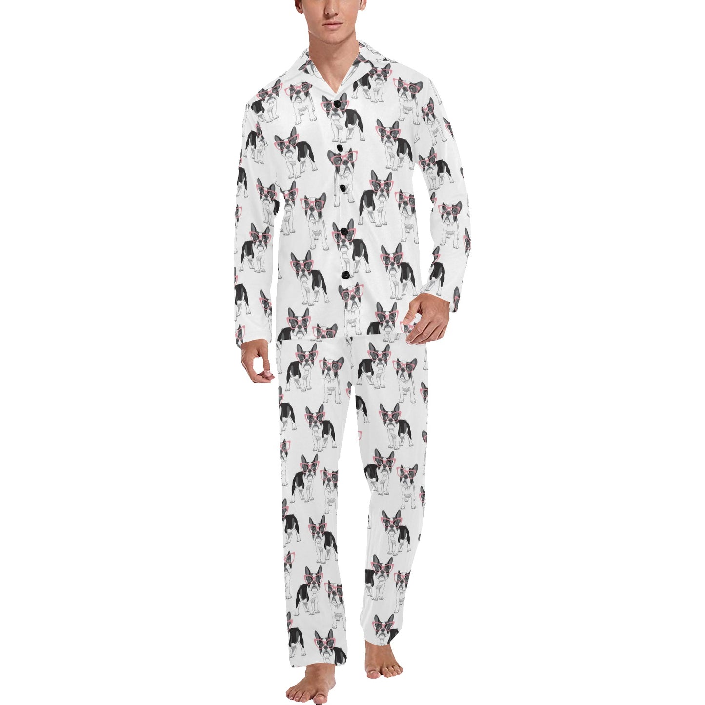 Boston Terrier Pattern Print Design 03 Men's Long Pajama Set