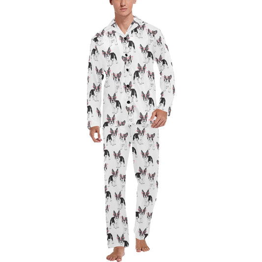Boston Terrier Pattern Print Design 03 Men's Long Pajama Set