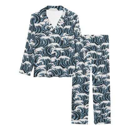 Surf Wave Pattern Print Women's Long Pajama Set
