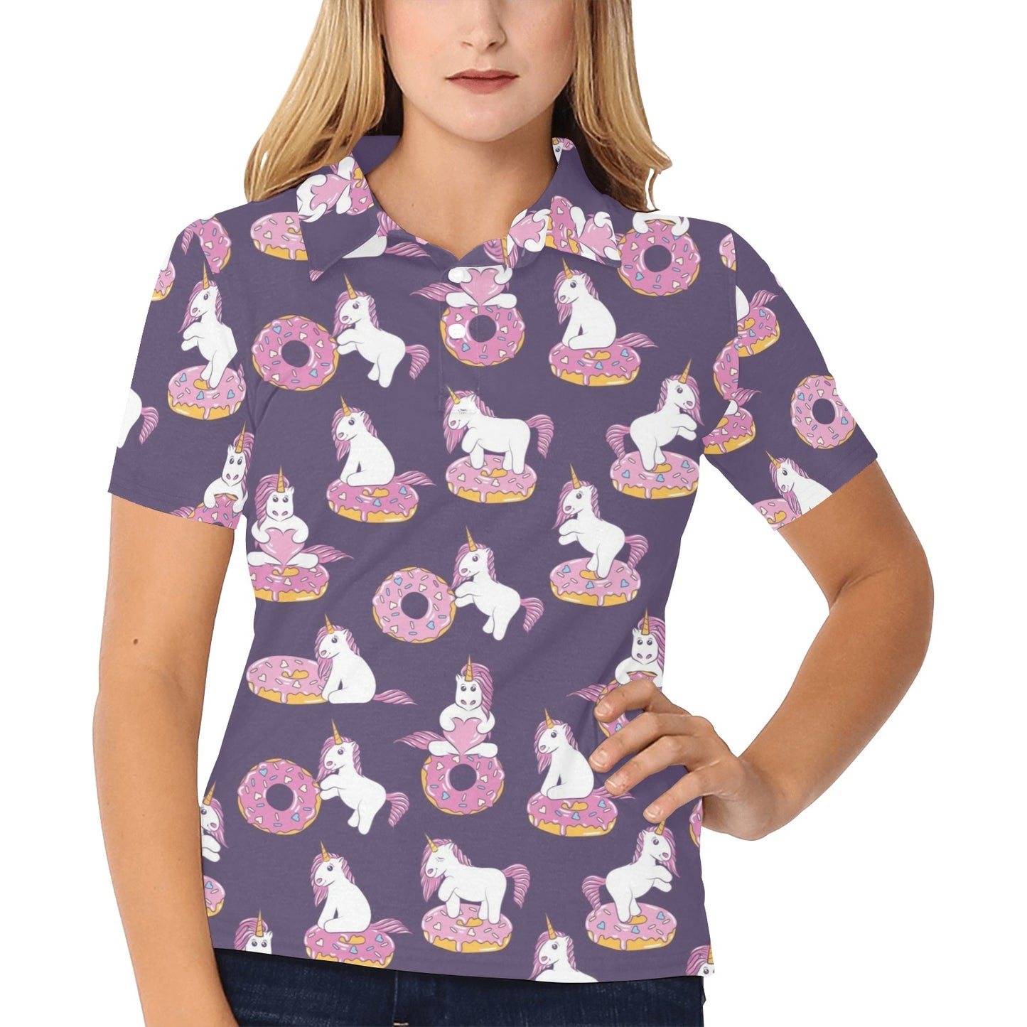 Donut Unicorn Pattern Print Design DN011 Women's Polo Shirt