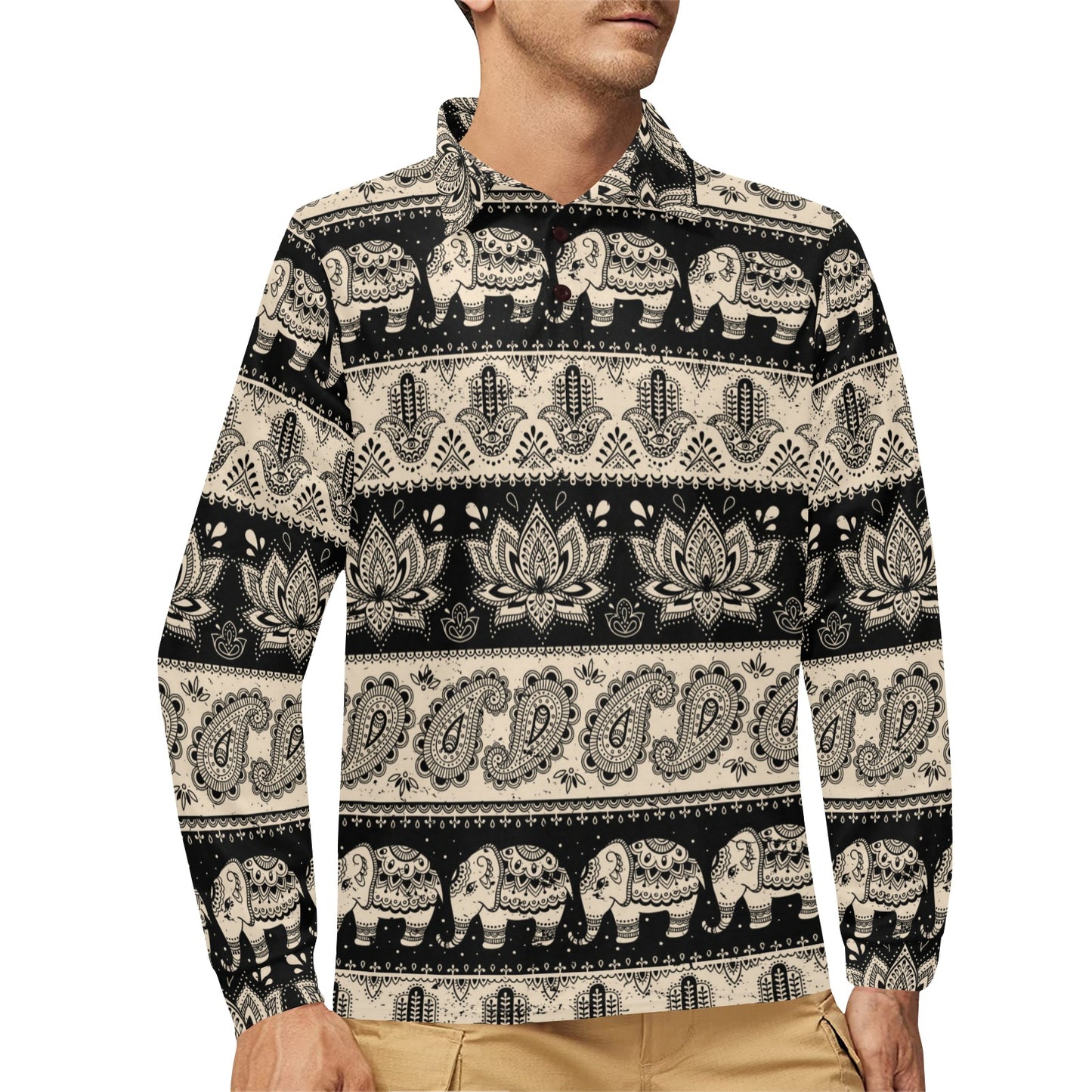 Elephant Hansa Lotus Pattern Long Sleeve Polo Shirt For Men's