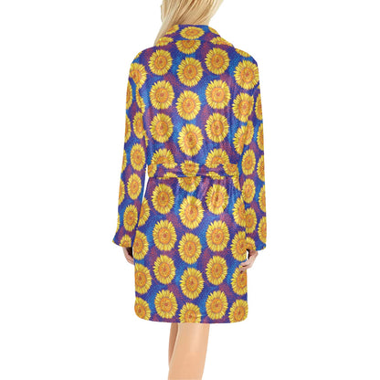 Sunflower Hand Drawn Style Print Women's Fleece Robe