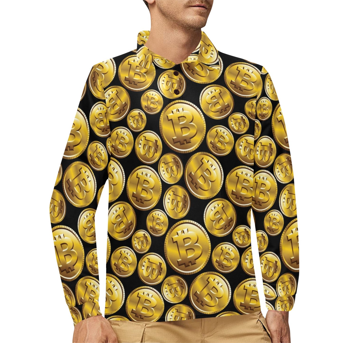 Bitcoin Pattern Print Design DO05 Long Sleeve Polo Shirt For Men's