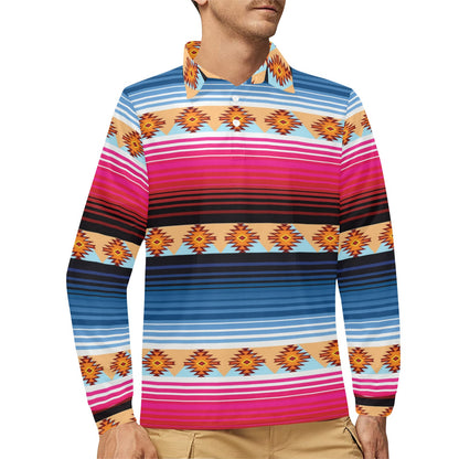 Mexican Pattern Print Design 03 Long Sleeve Polo Shirt For Men's
