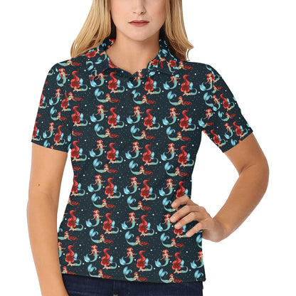 Mermaid Girl Themed Design Print Women's Polo Shirt