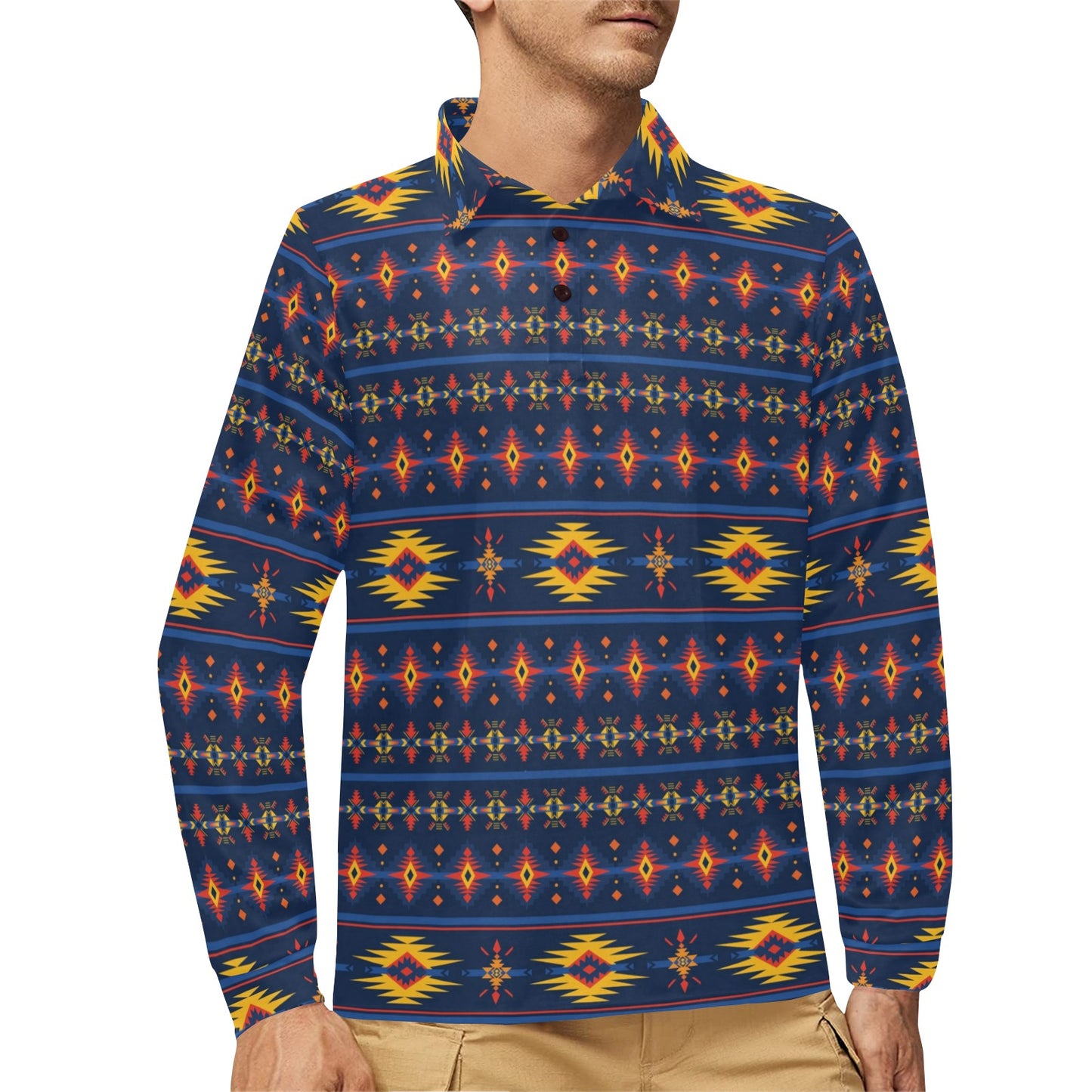 Southwest Pattern Print Design LKS306 Long Sleeve Polo Shirt For Men's