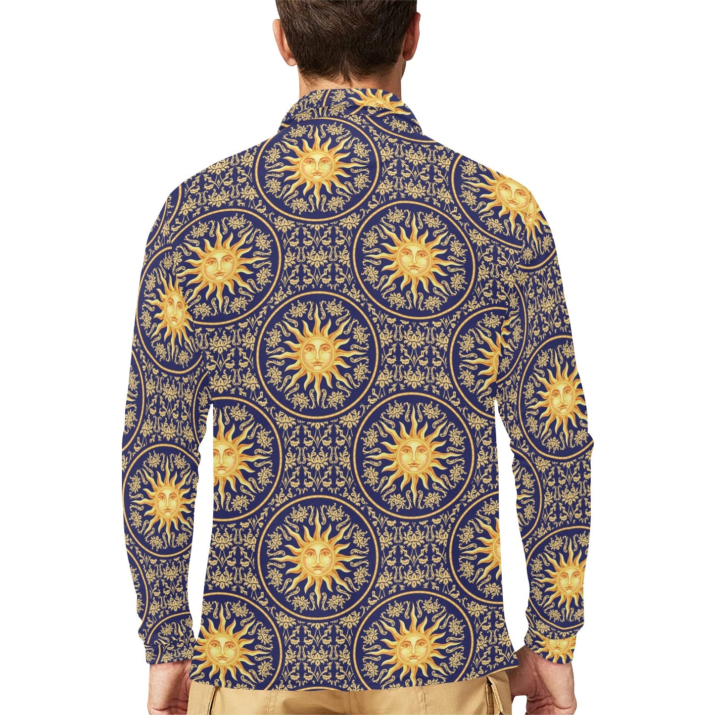 Celestial Gold Sun Face Long Sleeve Polo Shirt For Men's