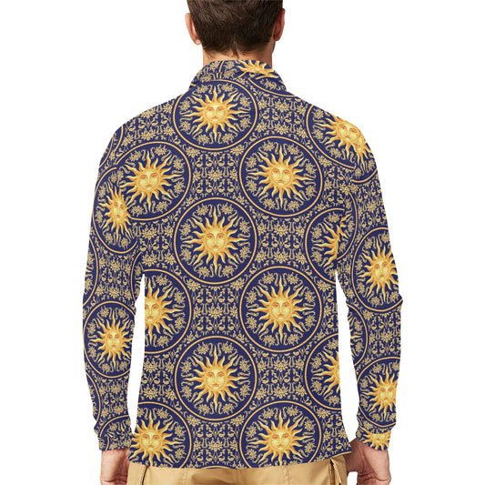 Celestial Gold Sun Face Long Sleeve Polo Shirt For Men's