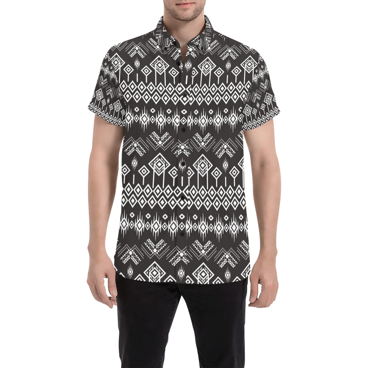 Tribal Pattern Print Design LKS304 Men Short Sleeve Button Up Shirt