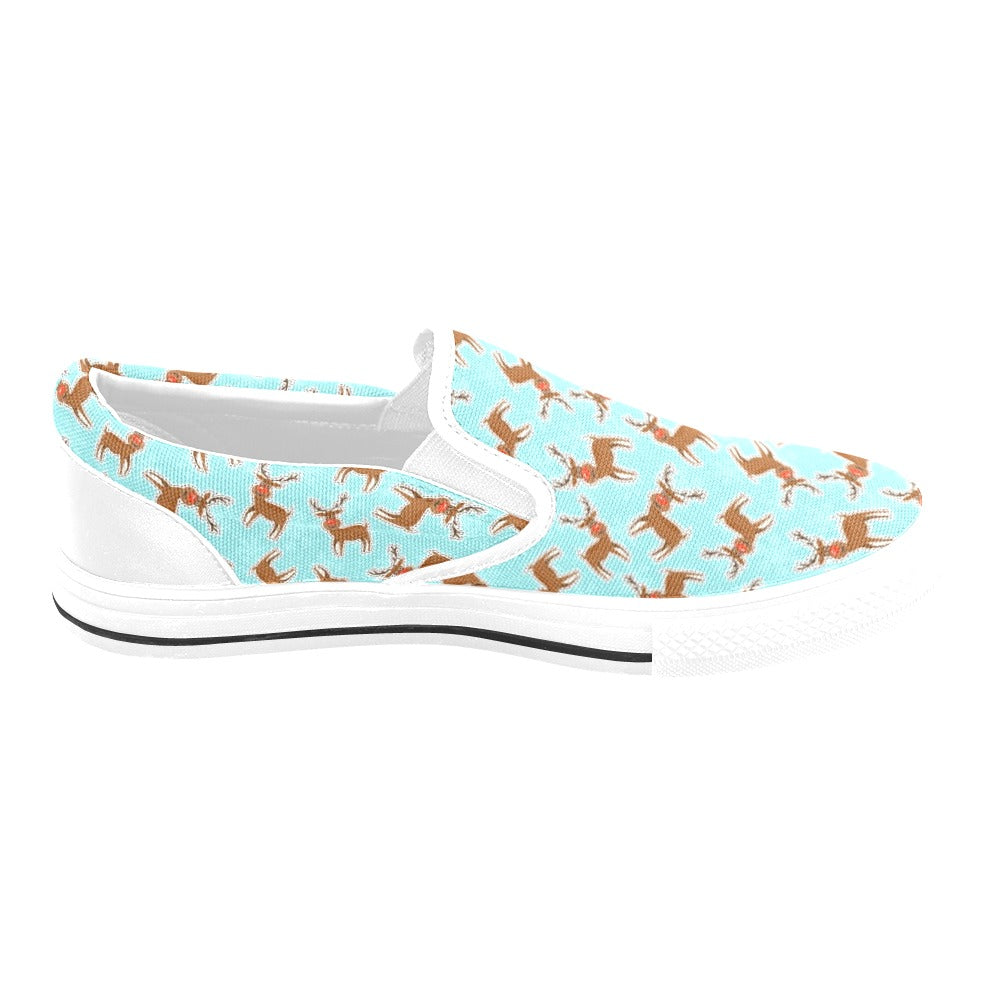 Reindeer Print Design LKS403 White Slip Ons Canvas Women's Shoes