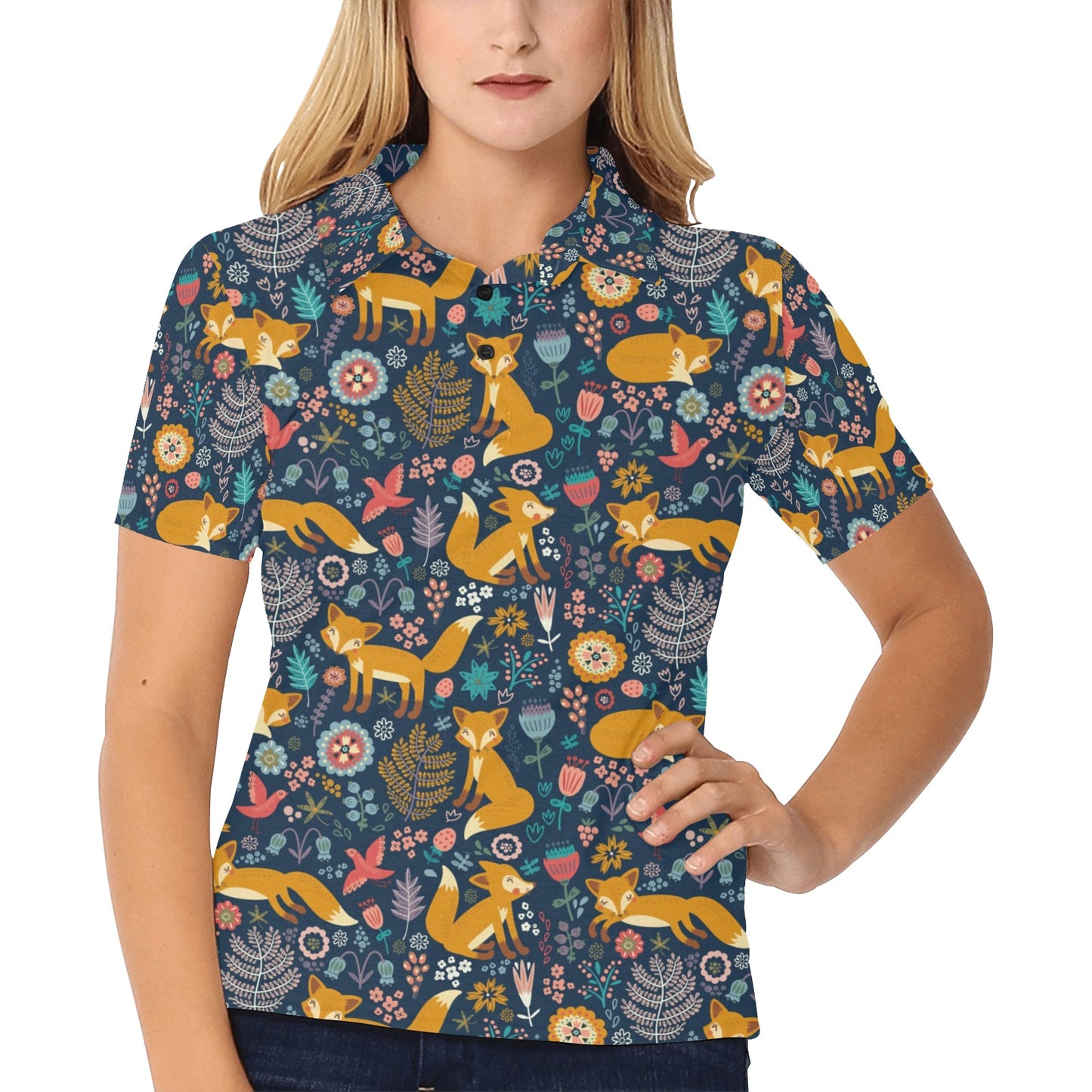 Fox Cute Jungle Print Pattern Women's Polo Shirt