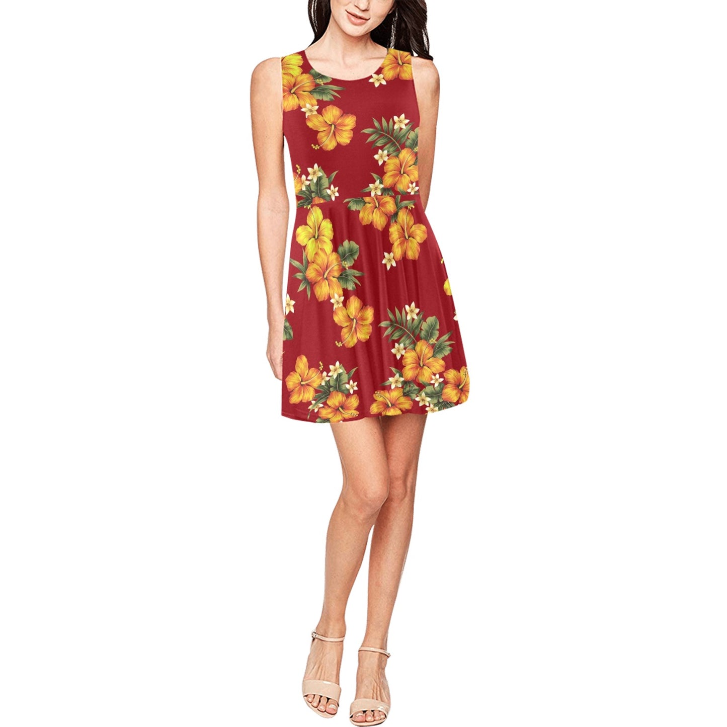 Orange Hibiscus Pattern Print Design HB026 Sleeveless Dress