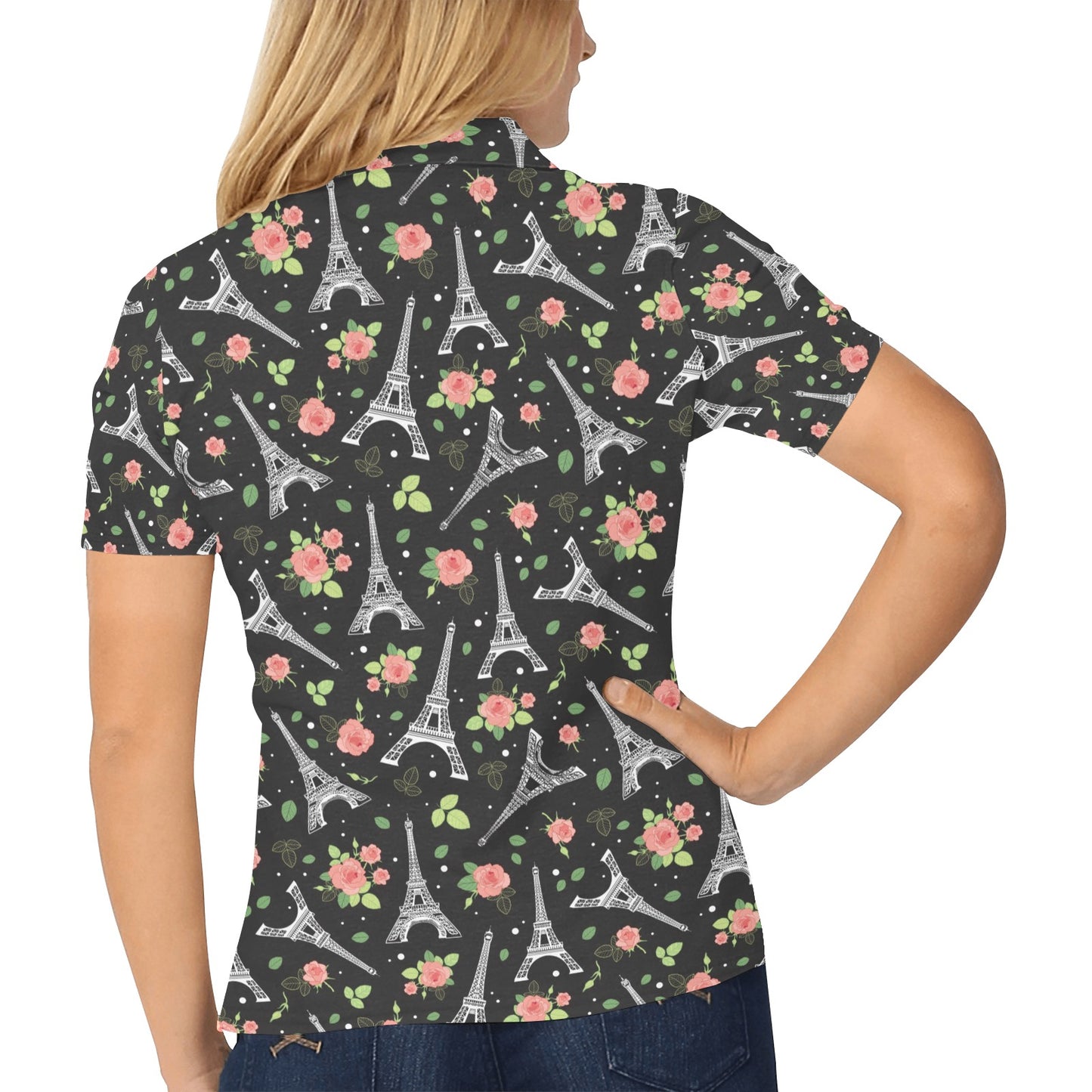 Eiffel Tower Rose Print Women's Polo Shirt