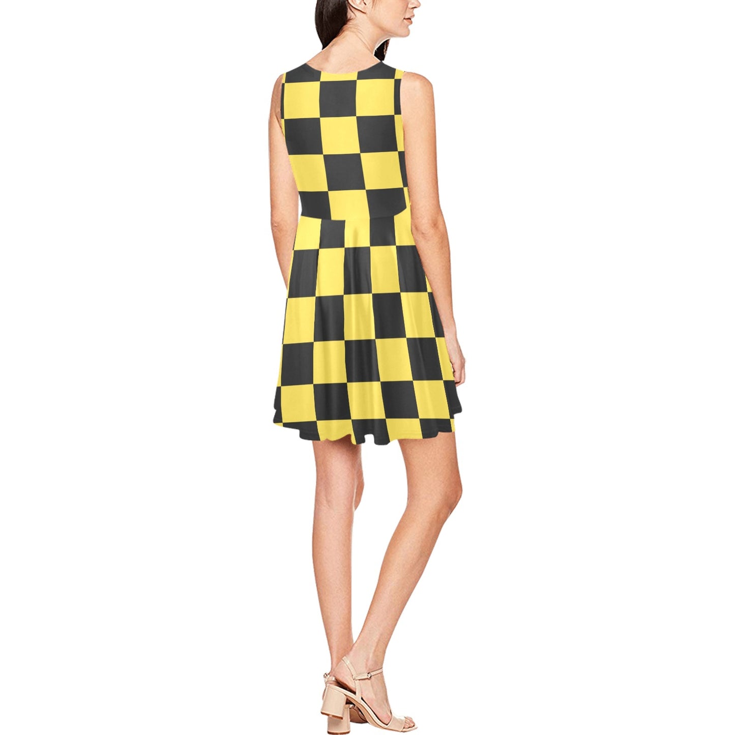 Checkered Yellow Pattern Print Design 03 Sleeveless Dress