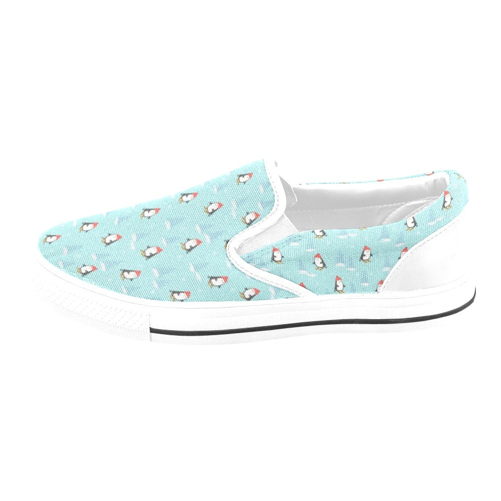 Ski Penguin Print Design LKS304 White Slip Ons Canvas Women's Shoes