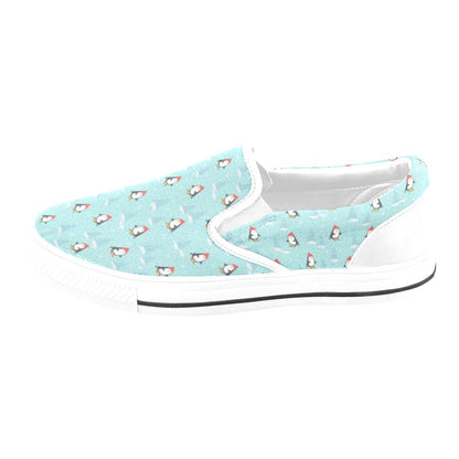 Ski Penguin Print Design LKS304 White Slip Ons Canvas Women's Shoes