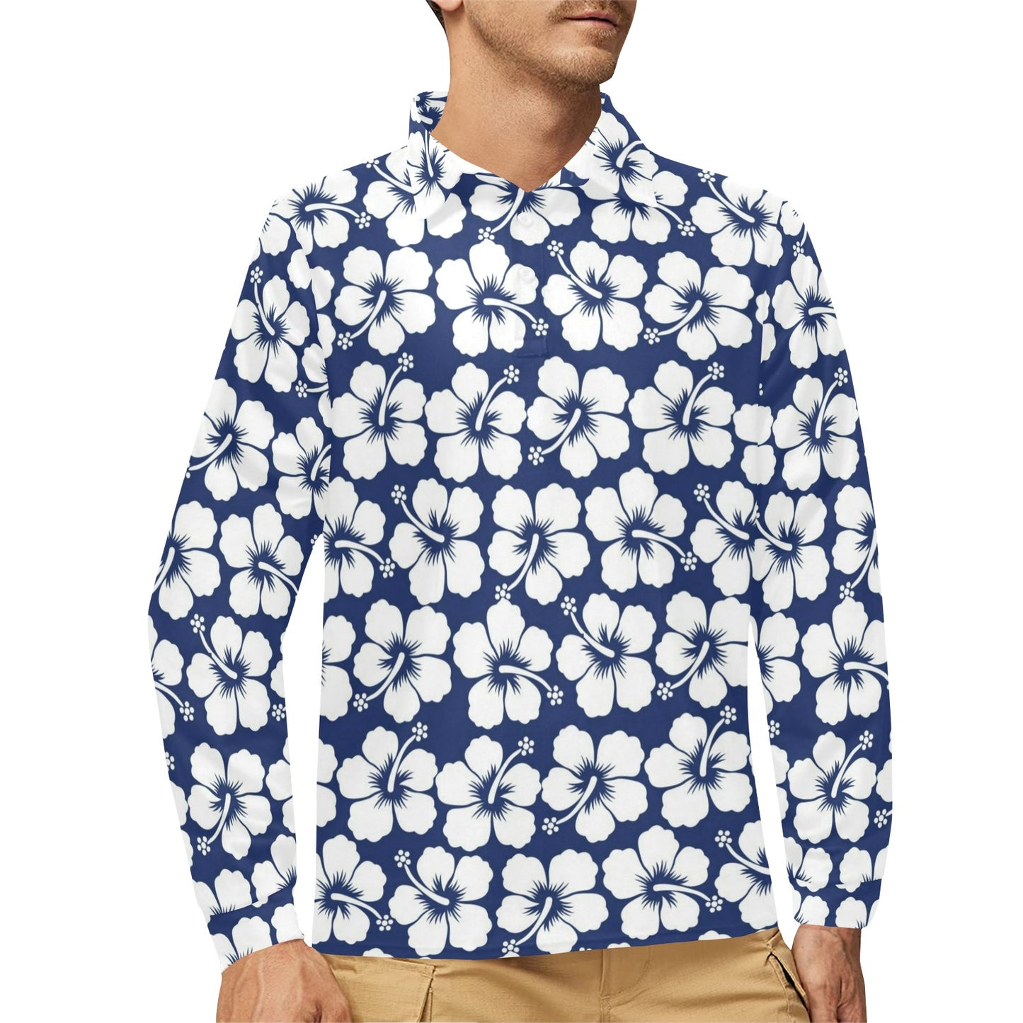 Hibiscus Pattern Print Design HB013 Long Sleeve Polo Shirt For Men's