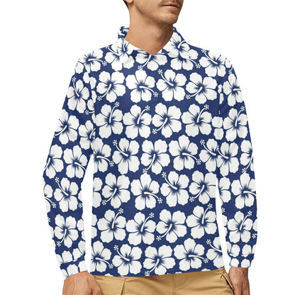 Hibiscus Pattern Print Design HB013 Long Sleeve Polo Shirt For Men's