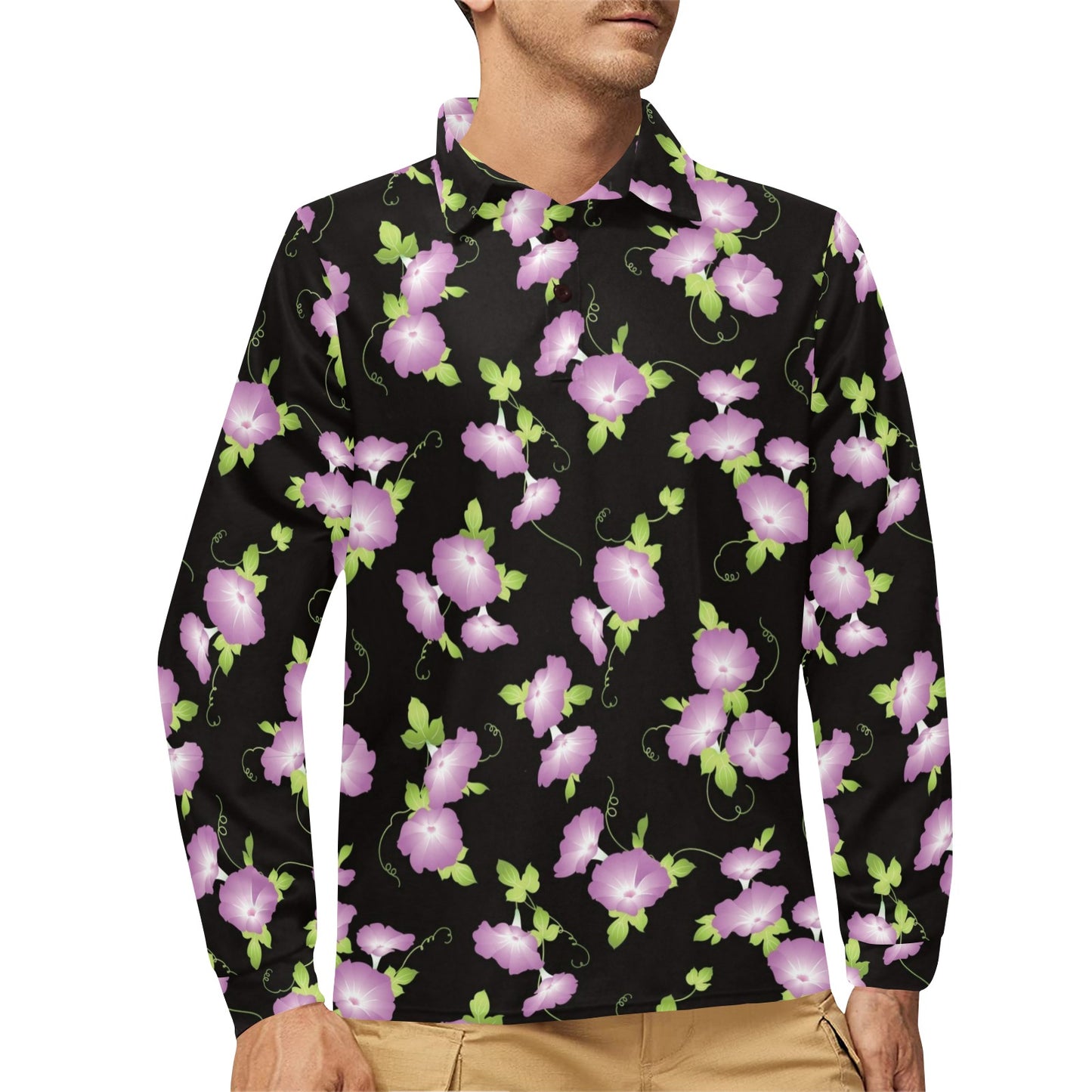 Morning Glory Pattern Print Design MG02 Long Sleeve Polo Shirt For Men's