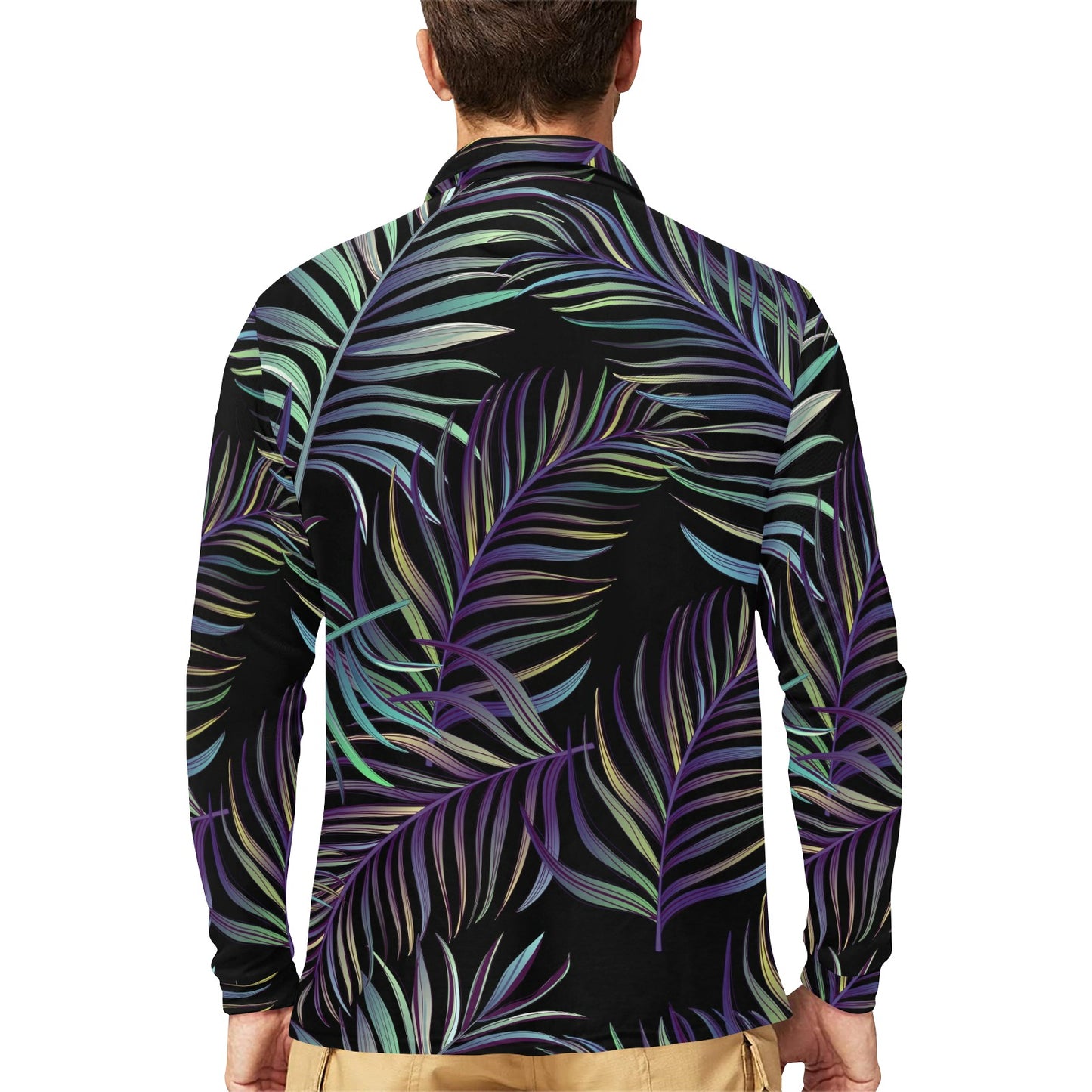 Tropical Palm Leaves Pattern Brightness Long Sleeve Polo Shirt For Men's