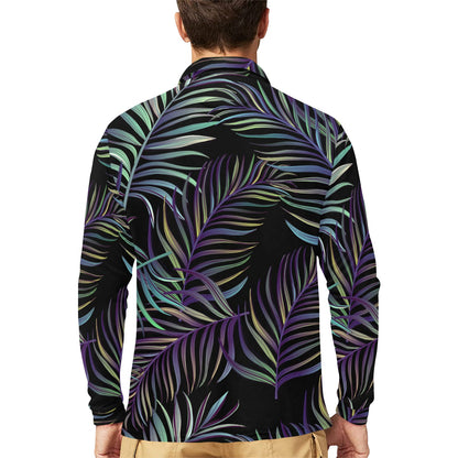 Tropical Palm Leaves Pattern Brightness Long Sleeve Polo Shirt For Men's