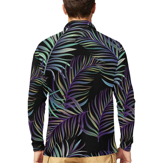 Tropical Palm Leaves Pattern Brightness Long Sleeve Polo Shirt For Men's