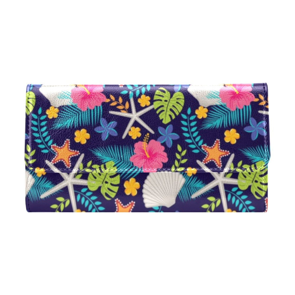 Beach Seashell Floral Theme Women's Trifold Wallet