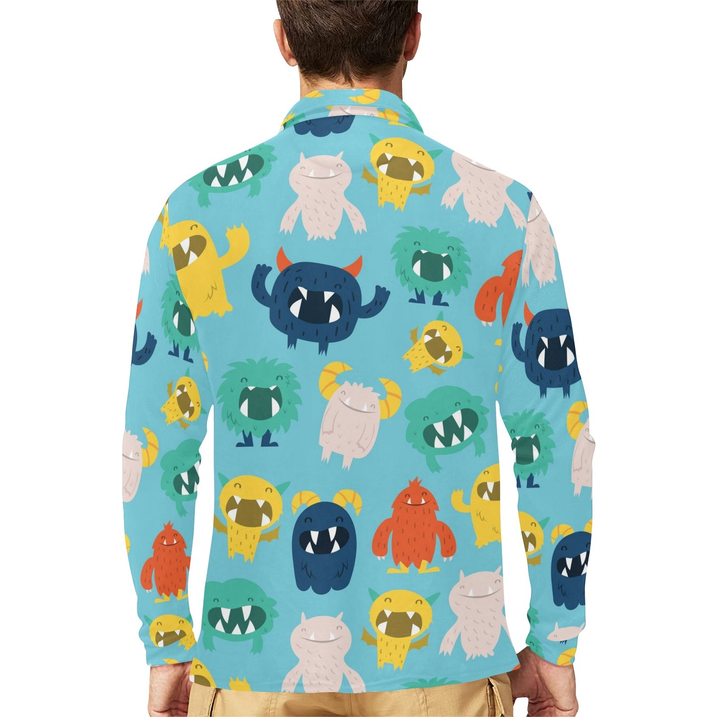 Monster Cartoon Pattern Print Design 03 Long Sleeve Polo Shirt For Men's