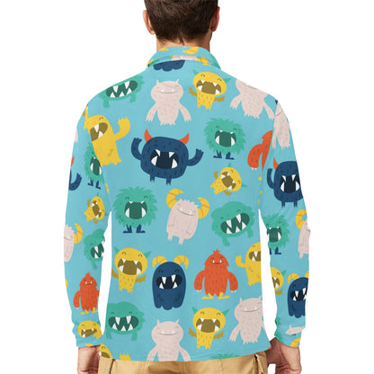 Monster Cartoon Pattern Print Design 03 Long Sleeve Polo Shirt For Men's