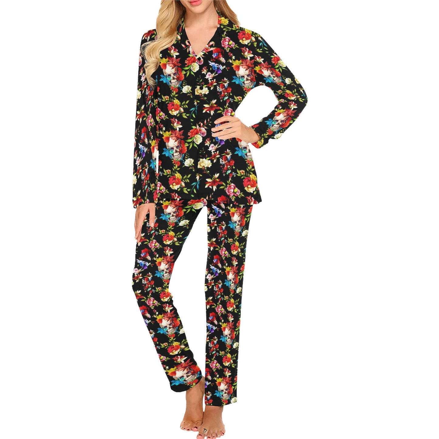 Skull Roses Flower Design Themed Print Women's Long Pajama Set