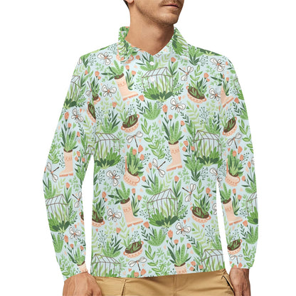 Gardening Pattern Print Design G04 Long Sleeve Polo Shirt For Men's